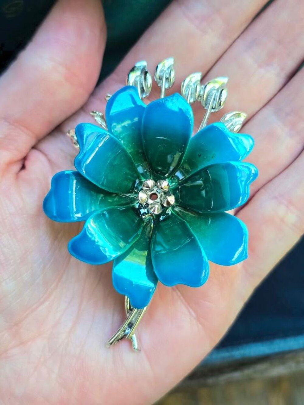 Vintage Coro Blue, Green & Silver Tone Enamel Flower Leaf Brooch